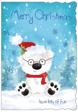 A Merry Christmas card with a polar bear wearing glasses and a Santa hat.