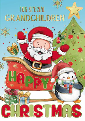 A Christmas card for special grandchildren with Santa and penguins.