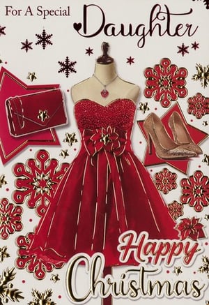 A Christmas card for a special daughter with a red dress.