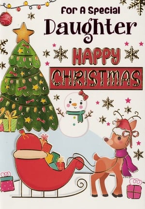 A Christmas card that says "For a special daughter, happy Christmas".
