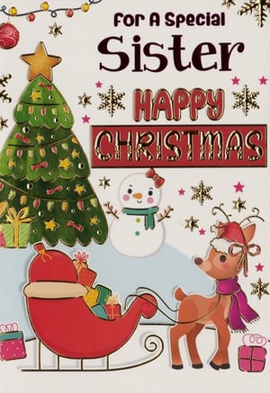 A Christmas card that says "For a special sister, happy Christmas."