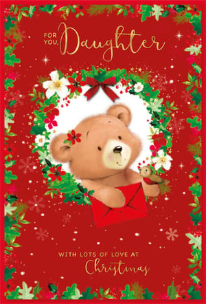 A Christmas card for a daughter with a teddy bear holding an envelope.