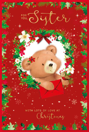 A Christmas card for a sister with a teddy bear holding an envelope.