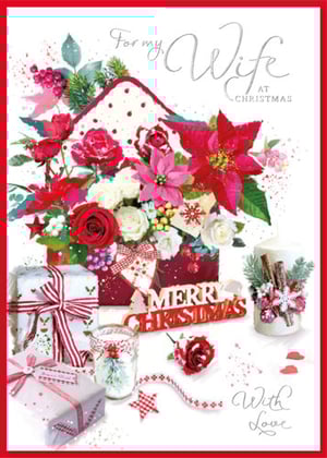 A Christmas card that says "For my wife at Christmas."