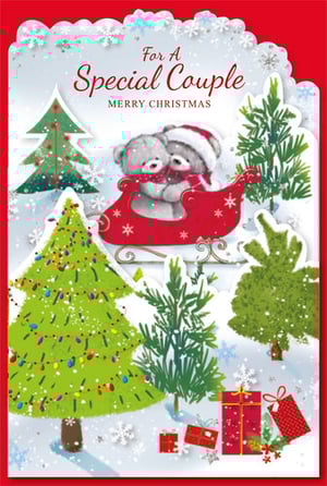 A Christmas card that says, "For a special couple, Merry Christmas."