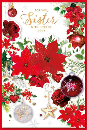 A Christmas card that says "for you, sister" with lots of love.