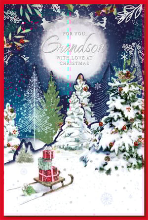 A Christmas card that says "For you, grandson, with love at Christmas."