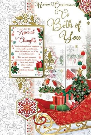 A Christmas card with a sleigh filled with gifts and a Christmas tree.