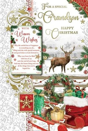 A Christmas card with warm wishes and a deer on it for a grandson.