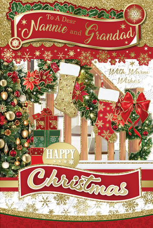 A Christmas card that says "To a dear Nannie and Grandad."