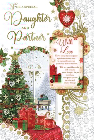 A Christmas card for a special daughter and partner.
(Note: The original sentence is already grammatically correct.)
