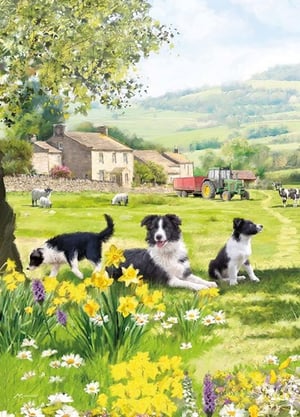 A painting of three dogs in a field with a tractor in the background.