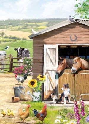 A painting of horses and chickens is in front of a barn.
