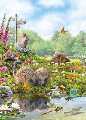 A painting of hedgehogs and a rabbit by a pond.