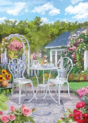 A painting of a table and chairs in a garden.