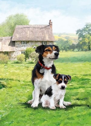 A painting of two dogs in front of a thatched cottage.