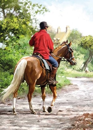 A man in a red shirt riding a brown horse is going down a dirt road.