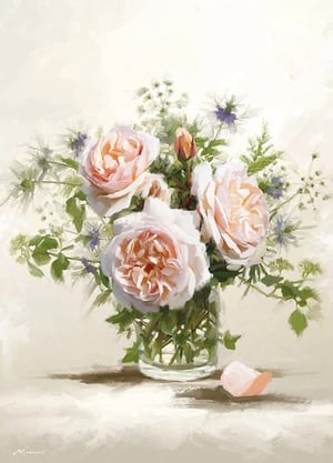 A painting of roses in a vase is on the table.