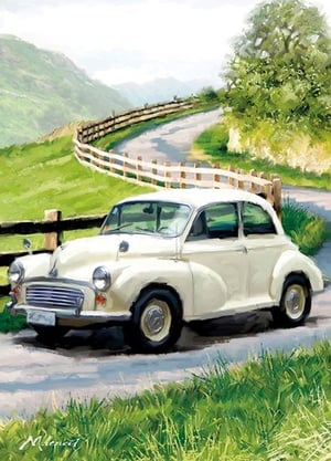 A painting of a white car driving down a country road.