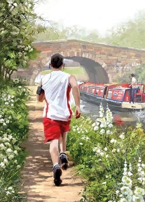A painting of a man running on a path next to a boat.