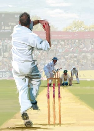 A painting of a man throwing a ball in a cricket match.