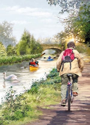 A painting of a man riding a bike next to a river.