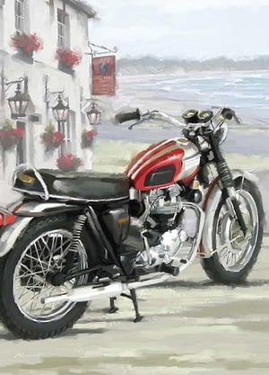A painting of a red and silver motorcycle parked in front of a building.