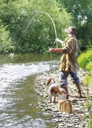 A painting of a man fishing in a river with his dog.