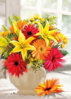 A painting of a vase filled with red and yellow flowers.