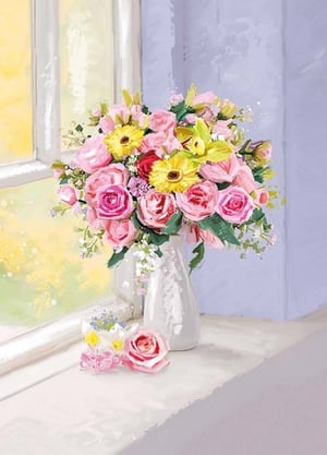 A vase filled with pink and yellow flowers is sitting on a windowsill.