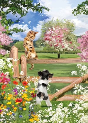 A cat and a dog are looking over a wooden fence in a garden.