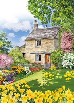 A painting of a house surrounded by flowers and trees.