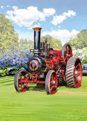 An old red tractor with a license plate that says "AH 7105."