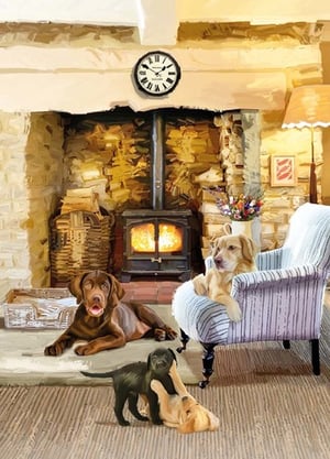 Three dogs are lying in front of a fireplace in a living room.