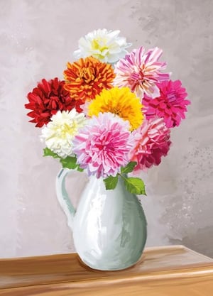 A painting of flowers on a table in a pitcher.