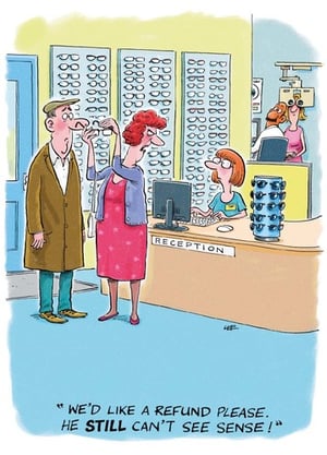 A cartoon of a man and a woman standing in front of a reception desk.