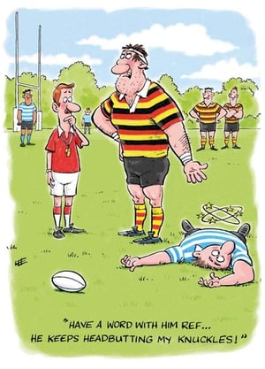 A cartoon of a referee talking to a rugby player.
