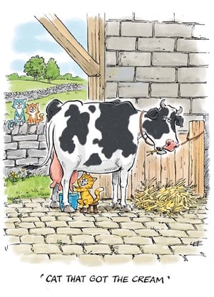 A cartoon of a cow that says "cat that got the cream".