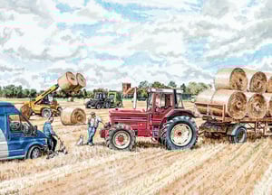 A painting of tractors and bales of hay in a field.