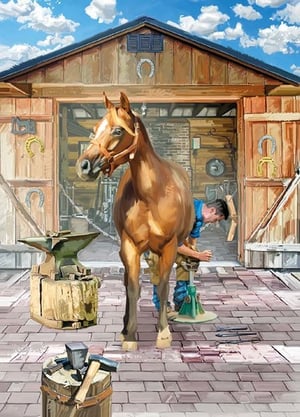 A man is shoeing a horse in front of a barn.