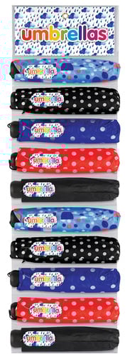 a display of umbrellas with polka dots on them