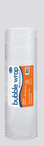 a roll of bubble wrap with an orange label