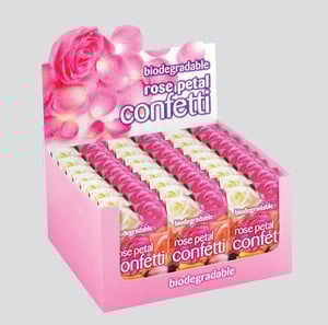 A box of biodegradable rose petal confetti.