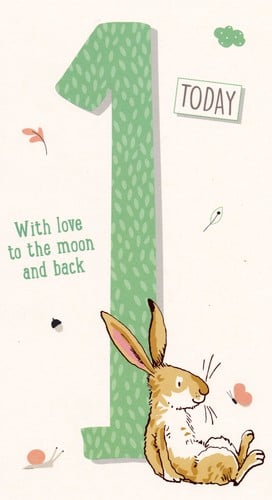 A birthday card with a rabbit and the number 1.