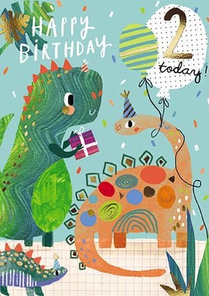 A happy birthday card for a 2-year-old boy with dinosaurs and balloons.