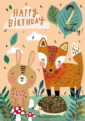 A fox, a rabbit, and a hedgehog are on a birthday card.