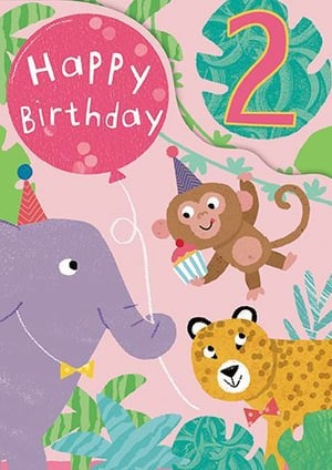 An elephant, monkey, and leopard are on a birthday card for a second birthday.