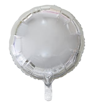 A silver-foiled balloon with a handle on a white background.