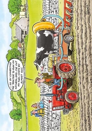 A cartoon of a man driving a tractor with a cow in the back.