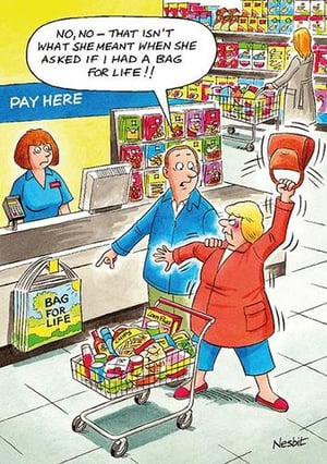 A cartoon of a man and a woman shopping in a grocery store.